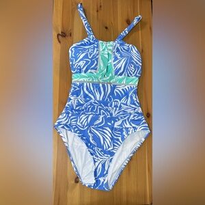 La Blanca High Neck Keyhole One Piece Swimsuit Blue Botanical Print Size 12 NWOT